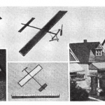 上左：翱翔型，带有两个额外的翼肋；上中：双推进型，滑行半径约183至244米；下左：翱翔型模型图片显示传动装置的安装方法；下中：与305毫米尺子进行对比的小模型，借助51毫米的螺旋桨进行驱动；下右：飞行中的飞机模型。