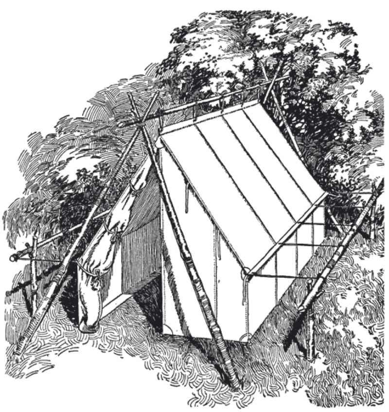帆布墙帐篷可用规则的木杆竖立，或者把沿帐篷屋脊的带子固定在一根细长杆上，两端用三角架或剪刀形木杆固定。