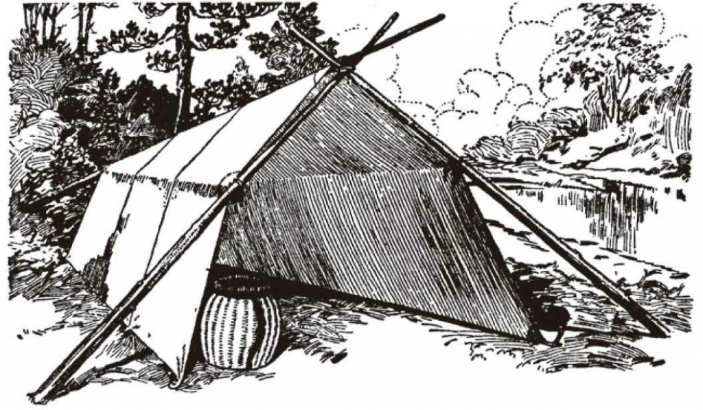 用三根小树杆就能很快建造一个林务官式帐篷，一根作为屋脊，开口两侧的树杆形成支持屋脊杆的交叉柱。
